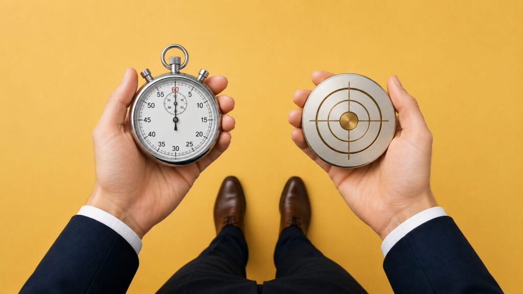 Person holding a stopwatch and a target as a symbol of whether outplacement success should be measured by speed or by finding a sustainable, long-term career solution.